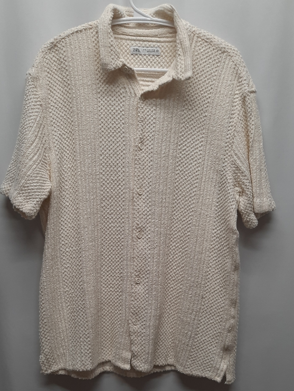 Zara Men's L/XL Cream Textured Knit Short Sleeve Button Up Resort Cabana Shirt